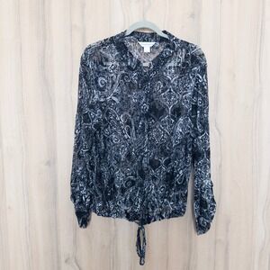 Womens Lace Sheer Button Up Top Size XL Black Paisley Dark Boho Classic Layer